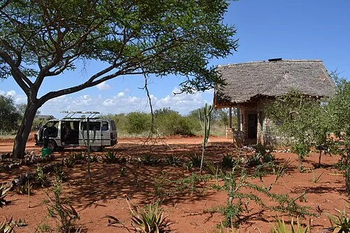 Main gate of the LUMO Community Wildlife Sanctuary, as viewed from the east, near the A23 road, in Kenya.