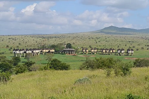 Salt Lick Game Lodge, as viewed from the south, near the eastern boundary of the LUMO Community Wildlife Sanctuary, in the Taita Hills Wildlife Sanctuary, Kenya.