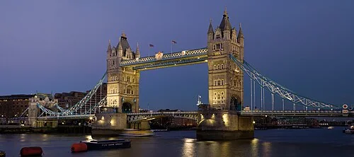 A high resolution image of Tower Bridge in London at dusk. This image is a mosaic of around twenty 12.8 megapixel segments stitched with PTGui. They were taken with a Canon 5D?