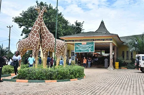 Tourists at the entrance of the Uganda Wildlife Conservation Education Centre known as Zoo in Entebbe.